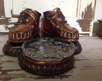 Vintage 1940s Copper Dipped Baby Shoes, Bronzed Toddler Shoes, Desk Decor, Office Decor, Library Decor, Vintage Shoes