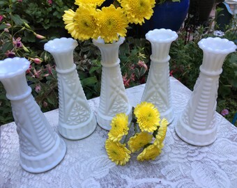 Milk Glass, 6 ", Bud Vase, Set of 5, Vintage, 1960s, Wedding Decor, Vase, Vintage Milk Glass, Bud Vases, Milk Glass Vases, Milk Glass Vase