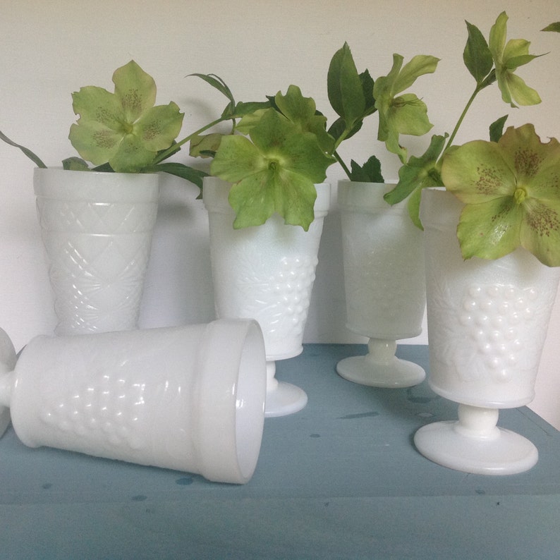 Water Goblets,Pedestal Vases,Vase Vintage Wedding Grape /& Leaf Pattern 1950s Milk Glass Vases Set6 Vintage Milk Glass Wedding Decor