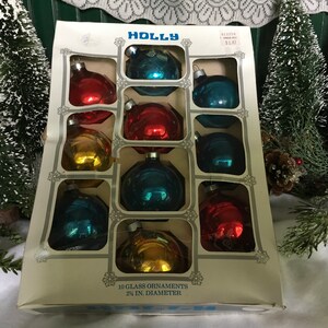 Christmas Ornaments, Christmas, 2 1/4&quot;, Set/12, Mixed Colors, Vintage, Holly, Vintage Ornaments, Mercury Glass, Tree Decor, Shiny Brite