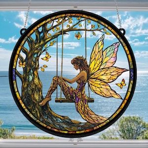 Pixie Fairy Window Suncatcher – Stained Style Fairy Sun Catcher in a Bubble Magical Butterfly Wings Hanging Decor Fantasy Garden Gift