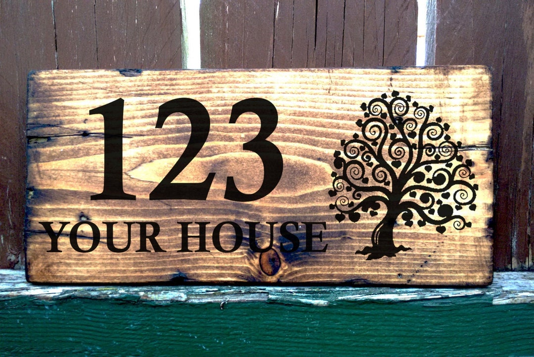 Personalised Wooden House Name Retro Tree Plaque Signs Solid Wood Porch