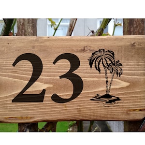 Personalised Beach House Number Sign with Palm Tree Design, Custom Wood Sign, Pool Sign for Outdoor or Indoor, Last Name Sign