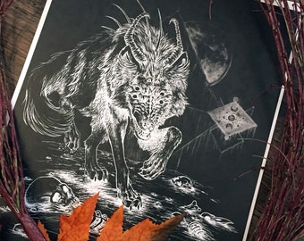 Demon dog art, werewolf, print, Hunger inverted