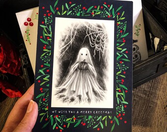 Creepy cute holiday card, merry creepmas, spookmas greeting card, hand-stamped, ghost with pumpkin