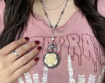 Victorian Gothic Rose Cameo Necklace: Layered Beaded Chain, Handmade Jewelry