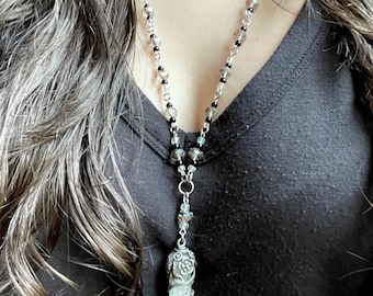 Gothic Beaded Necklace: Victorian Rose Cameo, Crystal, Crescent Moon Pendant