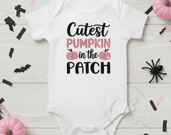 Glitter Cutest Pumpkin In The Patch Baby Bodysuit Shirt, Cute Autumn Baby, Glitter Fall Vibes Baby Toddler Shirt (#031)