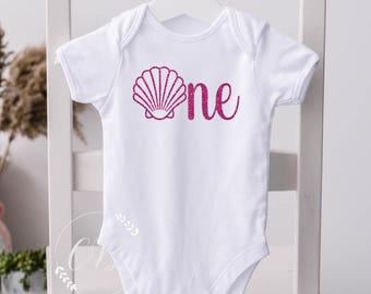 1st Birthday Seashell Glitter, Seashell First Birthday Shirt Girl, First Birthday Shirt Bodysuit, Mermaid 1st Birthday (#036)