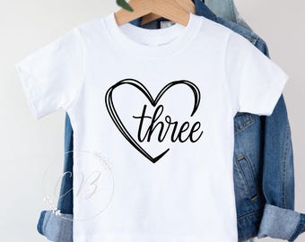 3rd Birthday T-shirt, Third Birthday heart Shirt, three, 3 (#002)