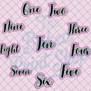 May include: A collection of ten number cutouts, each with a black script font and a light purple outline. The numbers are arranged on a light pink background with a diamond grid pattern. The numbers are One, Two, Three, Four, Five, Six, Seven, Eight, Nine, and Ten.