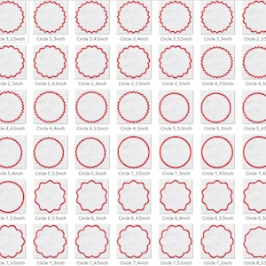 May include: A grid of circular labels in various sizes, each with a red border. Some have a scalloped edge, while others are plain. The labels are labeled with their diameter in inches, ranging from 1 to 8.5 inches.