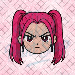 May include: Cartoon illustration of a female face with pink hair in pigtails and an angry expression. The eyes are dark red, and the eyebrows are furrowed. The background is a pink grid pattern.