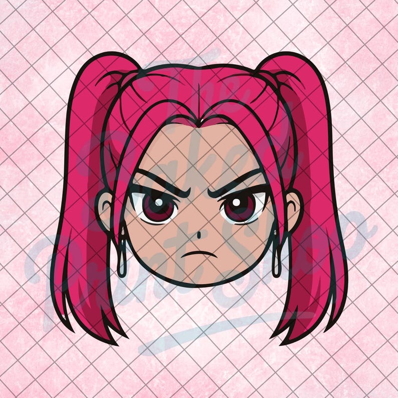 May include: Cartoon illustration of a female face with pink hair in pigtails and an angry expression. The eyes are dark red, and the eyebrows are furrowed. The background is a pink grid pattern.