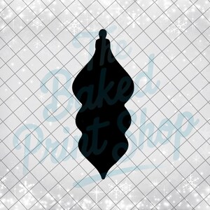 May include: A black Christmas ornament silhouette with a teardrop shape. The ornament has a rounded top and bottom with a series of curves in the middle. The background is a white grid pattern with snowflakes.