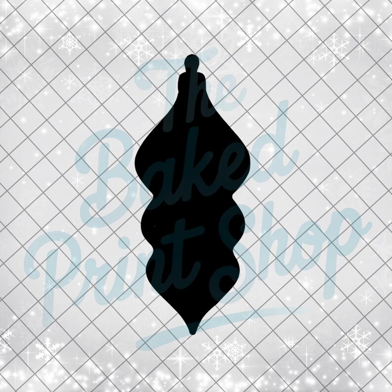May include: A black Christmas ornament silhouette with a teardrop shape. The ornament has a rounded top and bottom with a series of curves in the middle. The background is a white grid pattern with snowflakes.