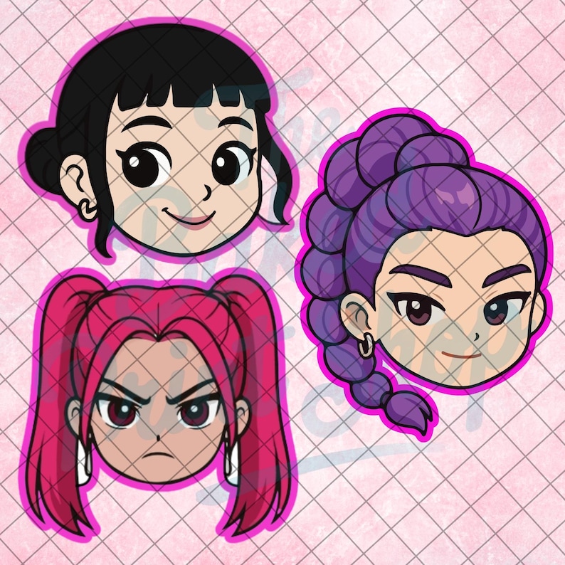 May include: Three cartoon portraits of women with different hairstyles and expressions. One has black hair in a bun, another has purple hair in a braid, and the third has pink pigtails. Each portrait is outlined in pink.