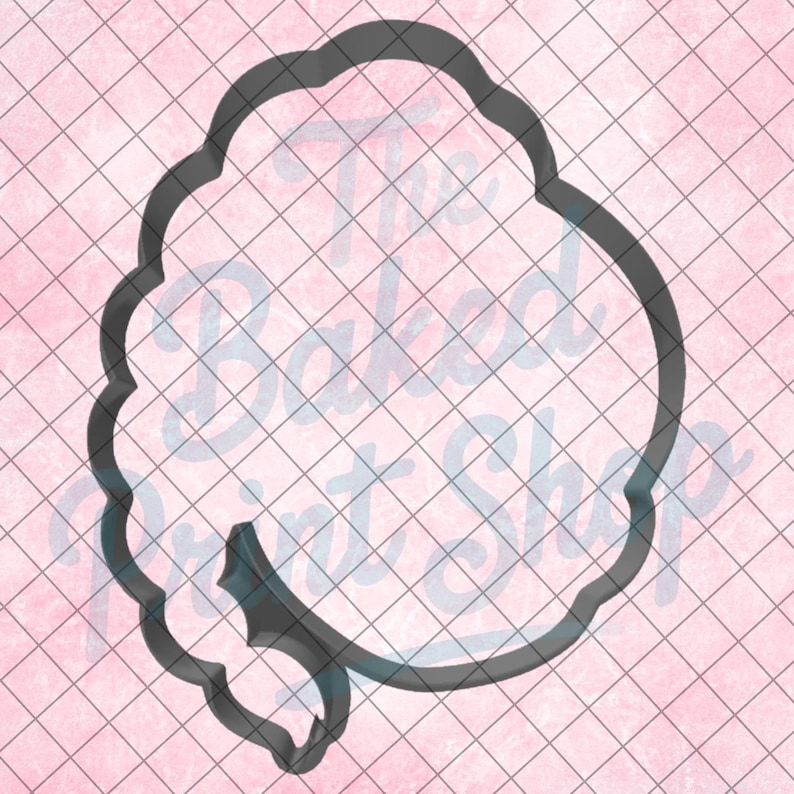May include: A dark gray cookie cutter in the shape of a cloud with a small, stylized leaf. The cutter is on a pink background with a grid pattern. The text "The Baked Print Shop" is visible.