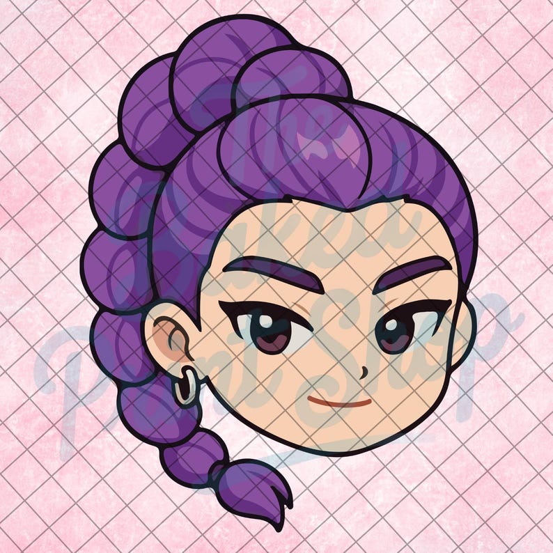May include: A cartoon illustration of a person's face with purple hair styled in a braided bun and a braid. The person has dark eyebrows, dark eyes, and a small silver hoop earring. The background is a pink grid pattern.