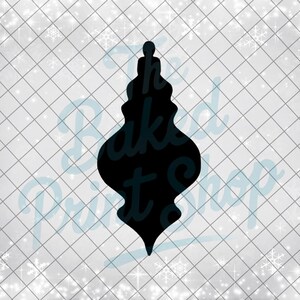 May include: A black Christmas ornament silhouette with a decorative shape. The ornament has a rounded bottom and a slender top with a small loop. The background is a white grid pattern with snowflakes and the text "The Baked Print Shop".