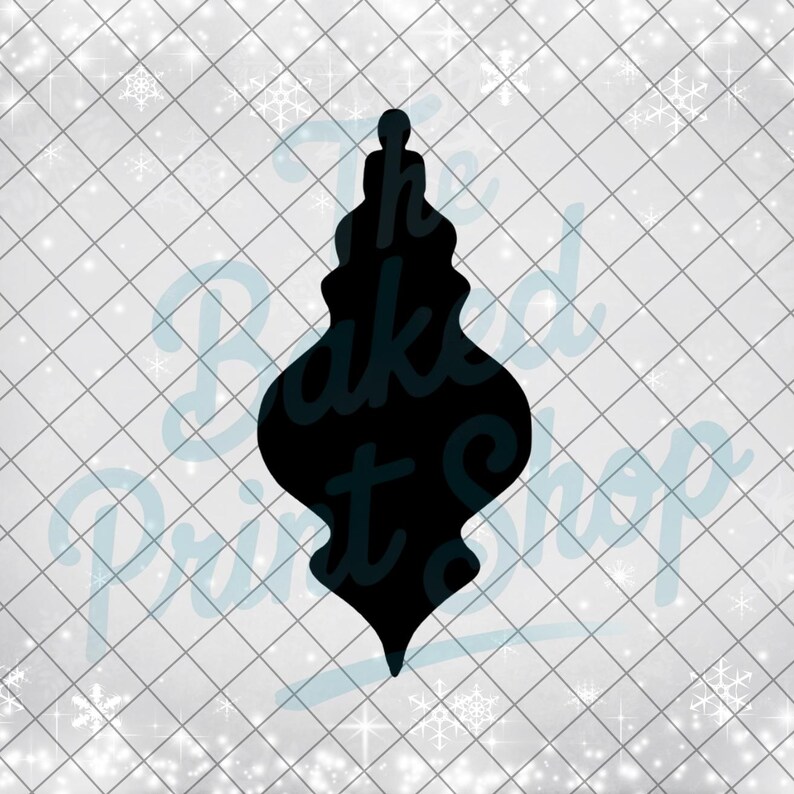 May include: A black Christmas ornament silhouette with a decorative shape. The ornament has a rounded bottom and a slender top with a small loop. The background is a white grid pattern with snowflakes and the text "The Baked Print Shop".
