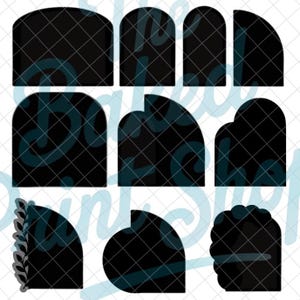 May include: Nine black arched shapes with various top designs. Each shape is filled with a diamond pattern. The shapes include a full arch, a half arch, and arches with decorative tops. The shapes are arranged in a grid.