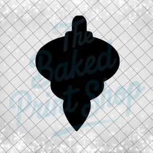 May include: Black silhouette of a Christmas ornament with a decorative shape. The text "The Baked Print Shop" is overlaid on the ornament. The background is a white grid pattern with snowflake accents.