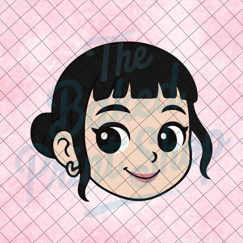 May include: A cartoon illustration of a smiling girl's face with black hair and large eyes. The image has a pink background with a grid pattern and the text "The Bad Place" in the upper left corner.