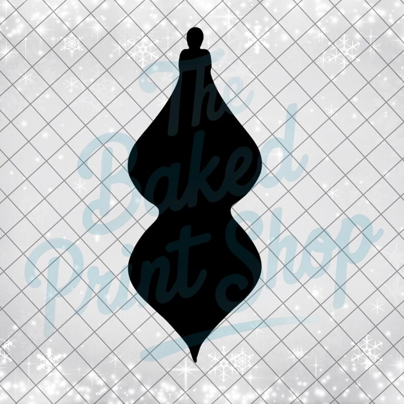 May include: Black silhouette of a Christmas ornament with a teardrop shape. The ornament has a small loop at the top for hanging. The background is white with a grid pattern and snowflakes.