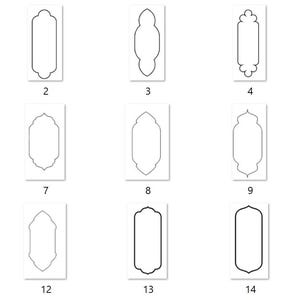 May include: A selection of fourteen white, stylized frame designs, each with a unique outline. The frames are rectangular with various decorative top and bottom shapes. The designs are numbered 1 to 14.