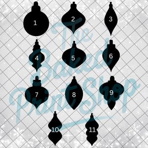 May include: Eleven black Christmas bauble silhouettes in different shapes, numbered one to eleven. The baubles are shown against a white background with a grid pattern and snowflake accents.
