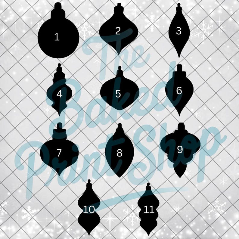 May include: A collection of eleven black Christmas ornament silhouettes in various shapes, numbered one through eleven. The ornaments are displayed against a white background with a grid pattern and snowflake accents.