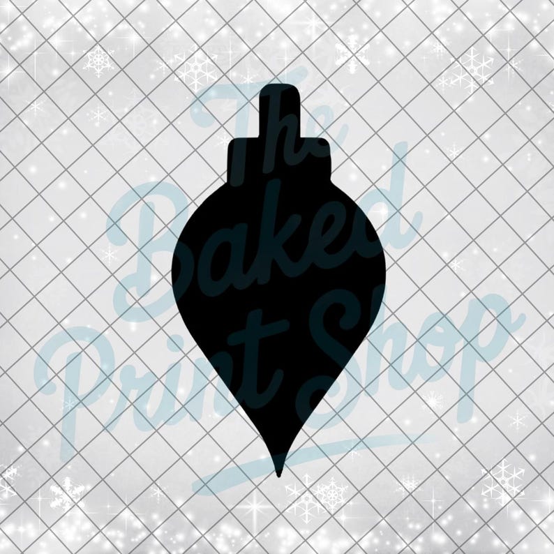 May include: Black Christmas ornament silhouette with a teardrop shape, featuring a top loop for hanging. The ornament is set against a white background with a grid pattern and snowflake accents. The text "The Baked Print Shop" is visible.