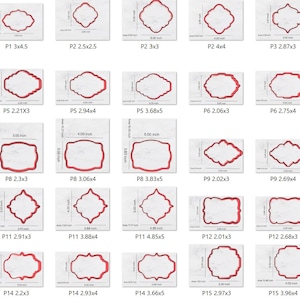 May include: A collection of various red-bordered label shapes with white interiors, each labeled with dimensions in inches. The labels vary in shape, including oval, rectangular, and diamond designs, suitable for crafting or product labeling.