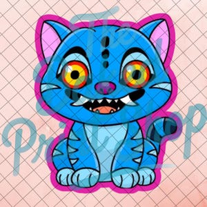 May include: A cartoon illustration of a blue cat with large, colorful eyes and sharp teeth. The cat has blue stripes and is outlined in pink. The background is a light pink grid pattern.