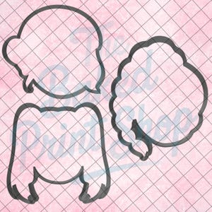 May include: Outlined cookie cutter set featuring a girl's head, a cloud, and a sweater. The black outlines are set against a pink, grid-patterned background. The cookie cutters are designed for baking and crafting.