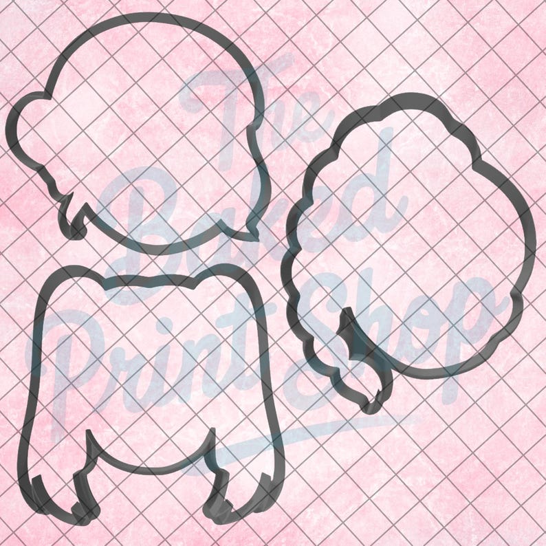 May include: Outlined cookie cutter set featuring a girl's head, a cloud, and a sweater. The black outlines are set against a pink, grid-patterned background. The cookie cutters are designed for baking and crafting.
