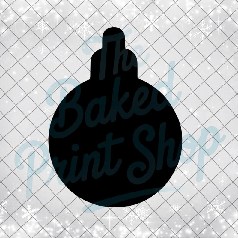May include: Black Christmas ornament silhouette with the text "The Baked Print Shop" in a cursive font. The ornament is on a white background with a grid pattern and snowflake accents.