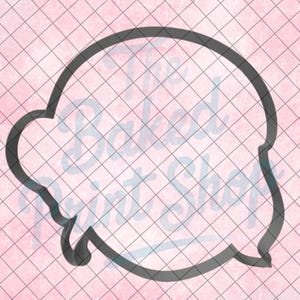 May include: A gray cookie cutter in the shape of a speech bubble, with a small tail at the bottom. The cutter is set against a pink background with a grid pattern and the text "The Baked Print Shop".