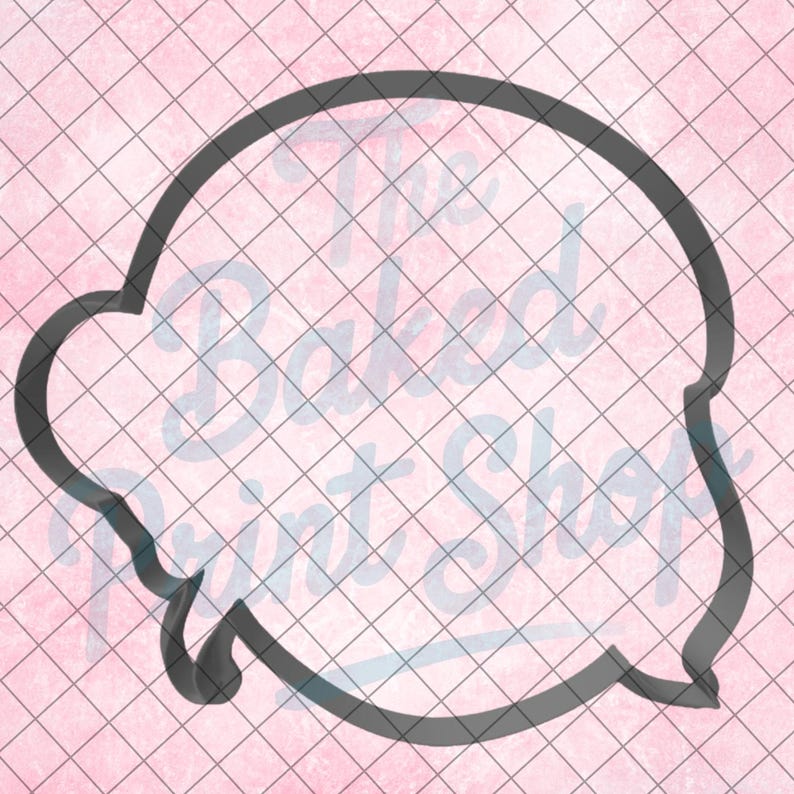 May include: A gray cookie cutter in the shape of a speech bubble, with a small tail at the bottom. The cutter is set against a pink background with a grid pattern and the text "The Baked Print Shop".