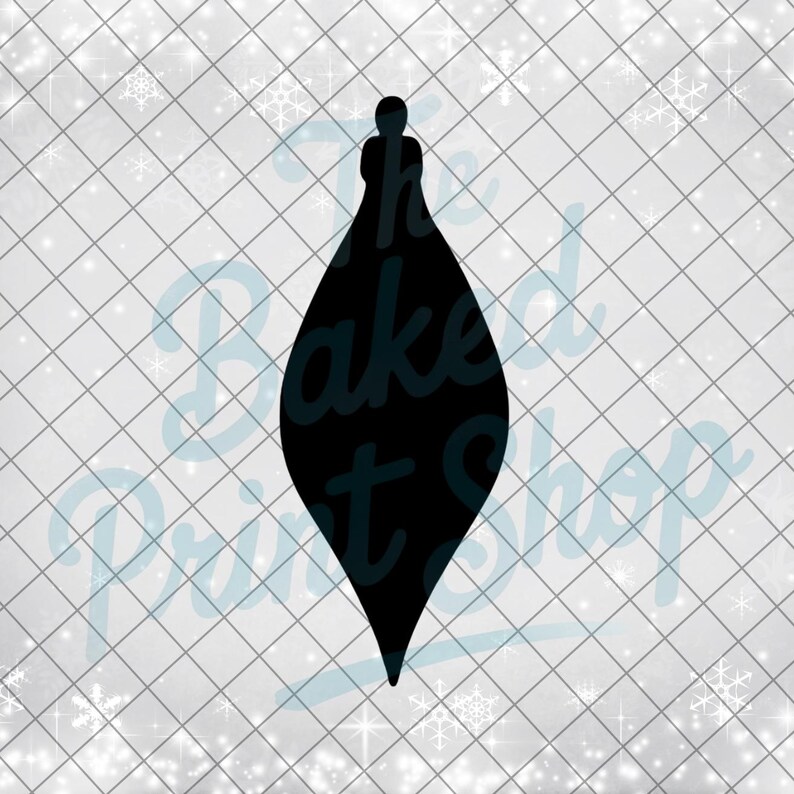 May include: A black teardrop-shaped Christmas ornament silhouette. The ornament has a small, rounded top and a pointed bottom. The background is a light gray grid pattern with scattered white snowflake and sparkle accents.