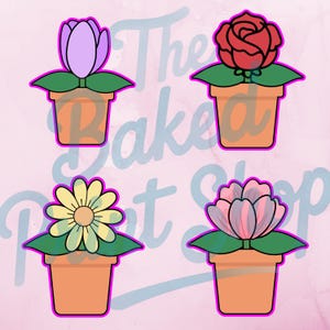 Puede incluir: Cuatro diseños de macetas coloridas. Cada maceta es naranja con un contorno morado. Las flores incluyen un tulipán morado, una rosa roja, una margarita amarilla y un loto rosa. El fondo es rosa con el texto "The Baked Pot Shop".