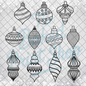 May include: A collection of twelve black and white Christmas ornament designs. Each ornament features a unique shape and pattern, including stripes, stars, and geometric shapes. The ornaments are displayed on a light gray background with a grid pattern.