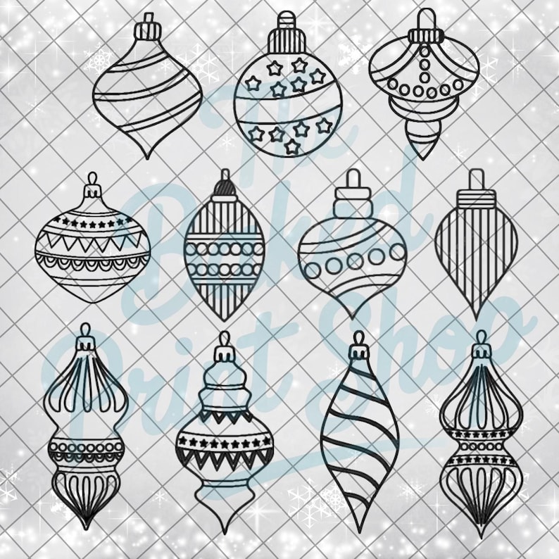 May include: A collection of twelve black and white Christmas ornament designs. Each ornament features a unique shape and pattern, including stripes, stars, and geometric shapes. The ornaments are displayed on a light gray background with a grid pattern.