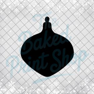 May include: Black silhouette of a Christmas ornament with a rounded bottom and a slender top. The ornament is set against a white background with a grid pattern and snowflake accents. The text "The Baked Print Shop" is visible.