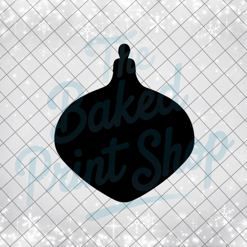 May include: Black silhouette of a Christmas ornament with a rounded bottom and a slender top. The ornament is set against a white background with a grid pattern and snowflake accents. The text "The Baked Print Shop" is visible.