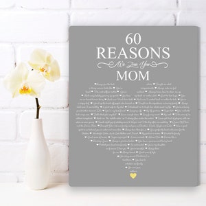 May include: A gray canvas print with a heart-shaped design. The print features the text "60 Reasons We Love You Mom" in white lettering. The heart is filled with 60 reasons why someone loves their mom.