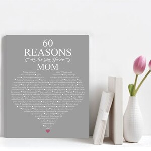 May include: A gray canvas print with the text "60 Reasons We Love You Mom" in a white heart shape. The heart is filled with 60 reasons why someone loves their mom.