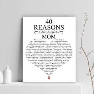 May include: A black and white printable poster with the text "40 Reasons We Love You Mom" and a list of 40 reasons. The poster has a pink heart at the bottom.