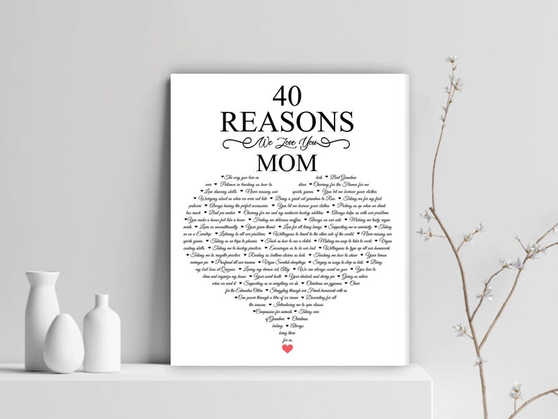 May include: A black and white printable poster with the text "40 Reasons We Love You Mom" and a list of 40 reasons. The poster has a pink heart at the bottom.